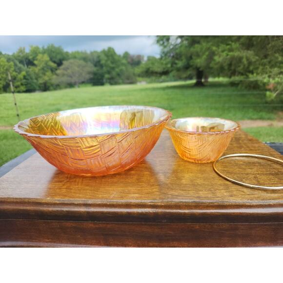 Indiana Glass Co Iridescent chip and dip bowl Golden tone 3 piece set NIB #2872 - Picture 5 of 5